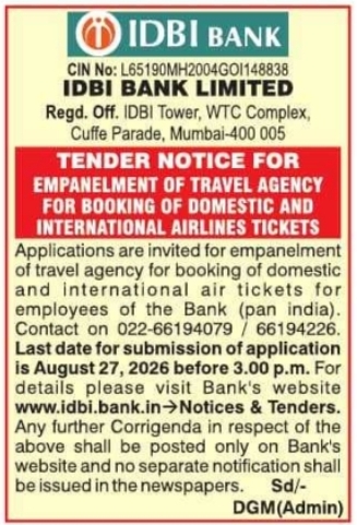 Tender for Empanelment of Air Travel Booking Agencies by IDBI Bank
