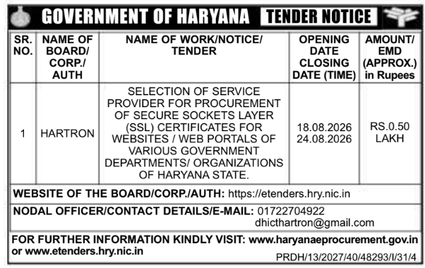 Tender for Government Website SSL Certificates by HARTRON