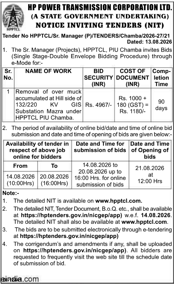 Tender for Muck Removal at Mazra GIS Substation by HPPTCL