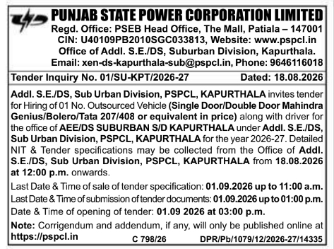 Tender for Outsourced Commercial Vehicle Hiring by PSPCL