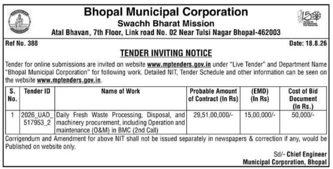 Tender Inviting Notice for Waste Processing and O&M by Bhopal Municipal Corporation