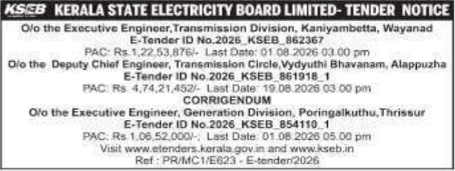 Tender Notice and Corrigendum for Transmission and Generation Divisions by KSEBL