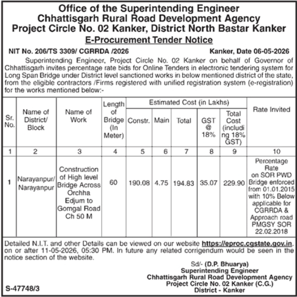 Tender Notice: Bridge Construction in Narayanpur, Chhattisgarh
