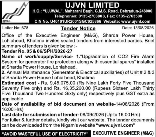 Tender Notice for Fire Alarm Upgradation and Plant Maintenance by UJVN Limited