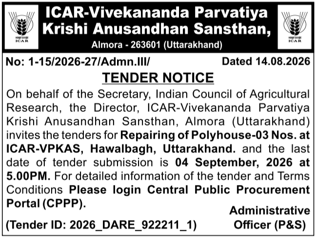 Tender Notice for Repairing 3 Polyhouses by ICAR-VPKAS