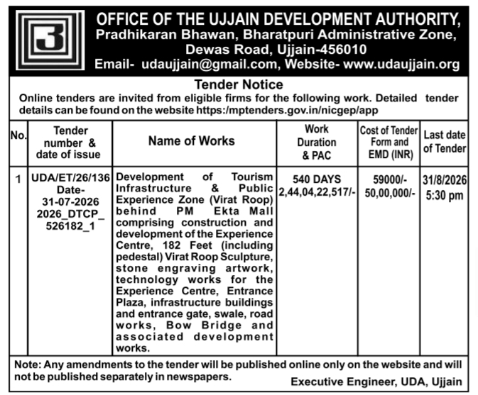 Tender Notice for Virat Roop Sculpture and Tourism Zone by UDA Ujjain