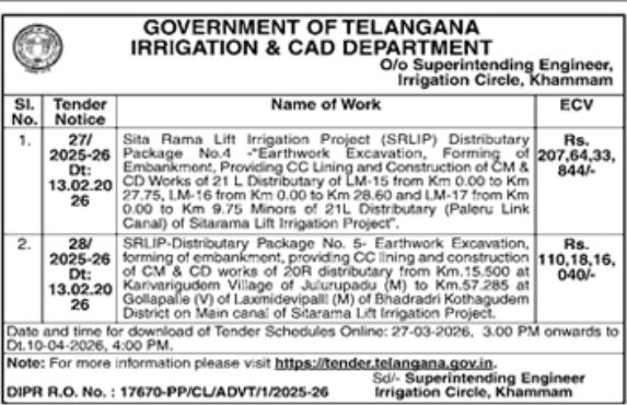 Tender Notice  - Government of Telangana's Irrigation & CAD Department