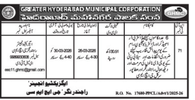 Tender Notice- Greater Hyderabad Municipal Corporation (Rajendranagar)
