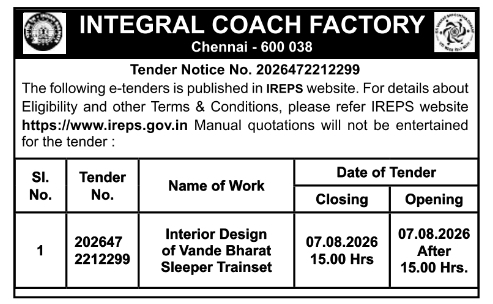 Tender Notice: Interior Design of Vande Bharat Sleeper Trainset