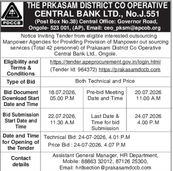 Tender Notice: Manpower Outsourcing Services at Prakasam District Co-operative Central Bank