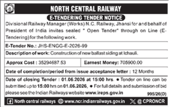 Tender Notice: North Central Railway Ballast Siding Construction