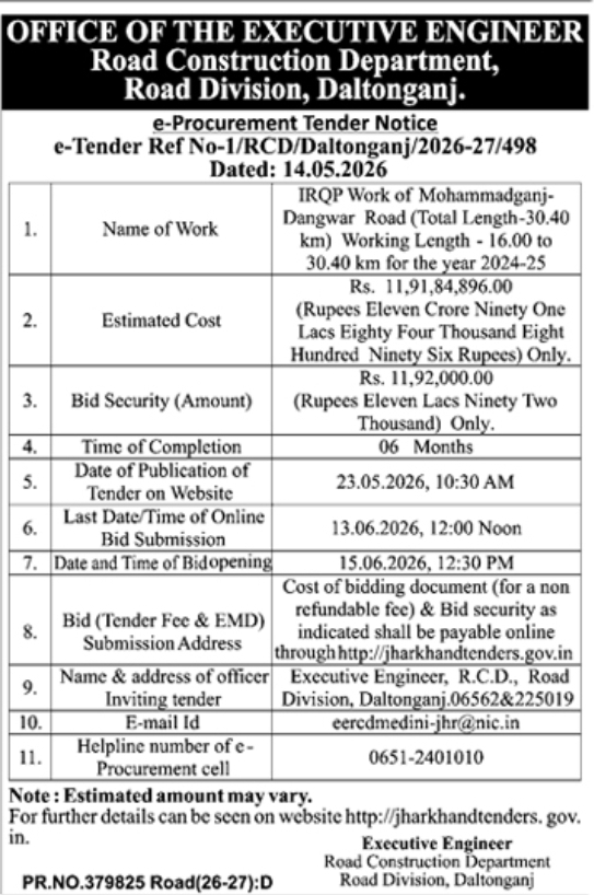 Tender Notice: Road Construction Work in Daltonganj
