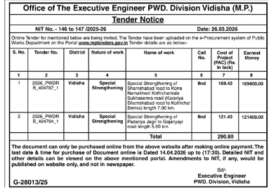 Tender Notice- The Office of the Executive Engineer, PWD Division Vidisha (M.P.)