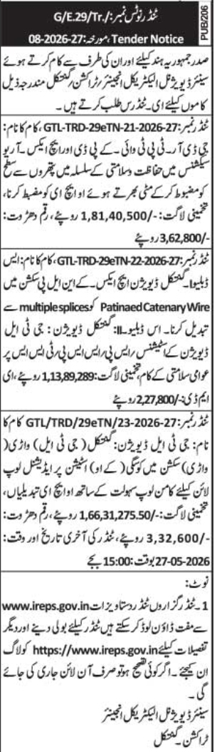 Tender Notice: Traction Electrical Works at Guntakal Division