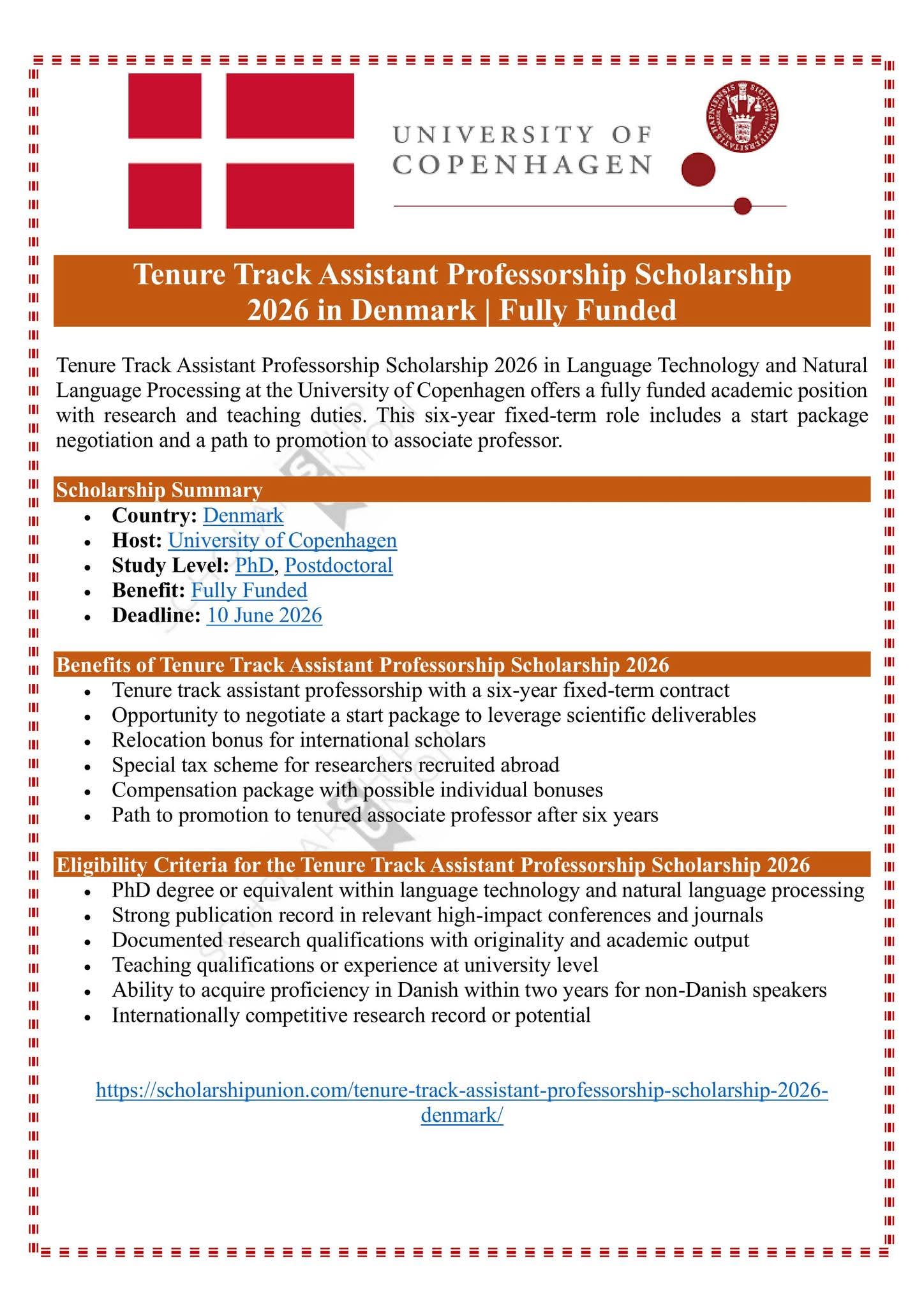 Tenure-Track Assistant Professorship Scholarship 2026 in Denmark