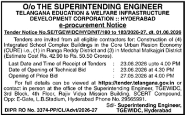 TGEWIDC Hyderabad Integrated School Construction Tenders