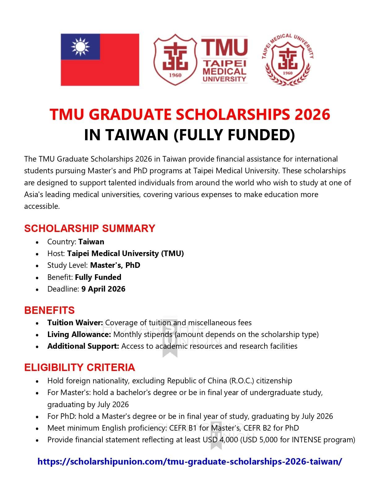 TMU Graduate Scholarships 2026 in Taiwan