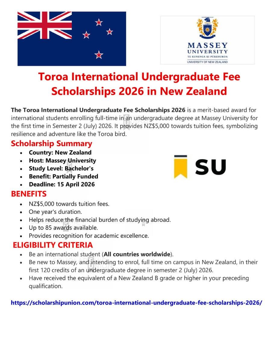Toroa International Undergraduate Fee Scholarship 2026 in New Zealand