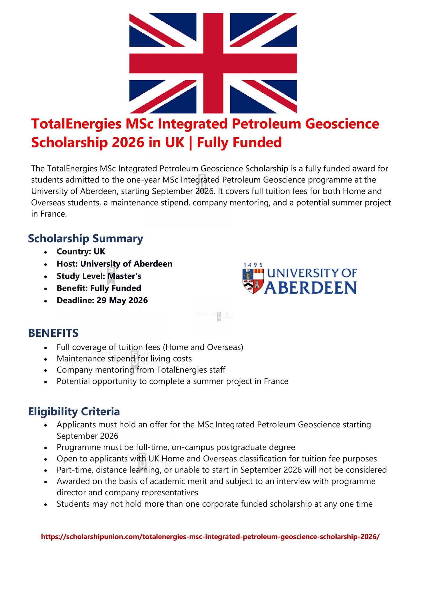 TotalEnergies MSc Integrated Petroleum Geoscience Scholarship 2026 in UK