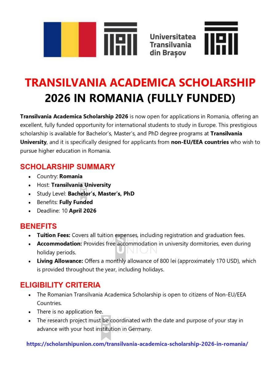 Transilvania Academica Scholarship 2026 in Romania