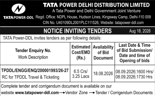 Travel and Ticketing Services Tender Notice by Tata Power DDL