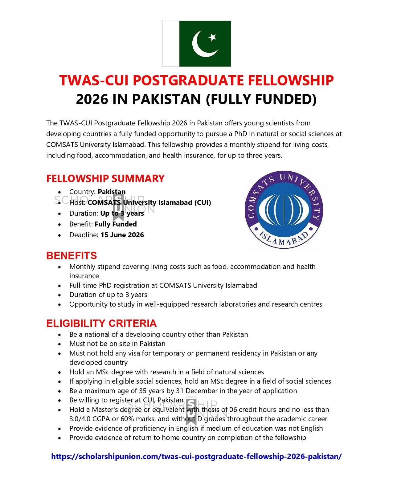TWAS-CUI Postgraduate Fellowship 2026 in Pakistan