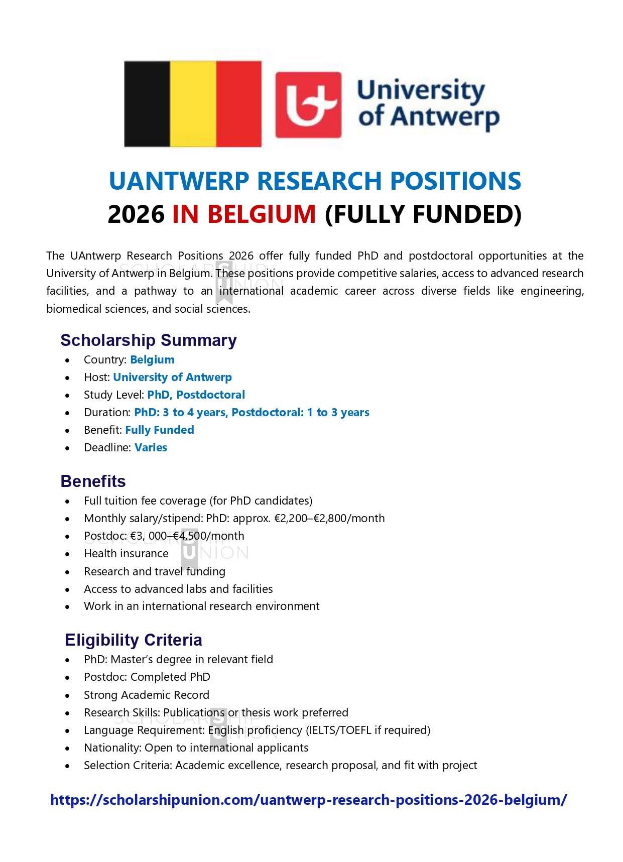 UANTWERP Research Positions 2026 in Belgium