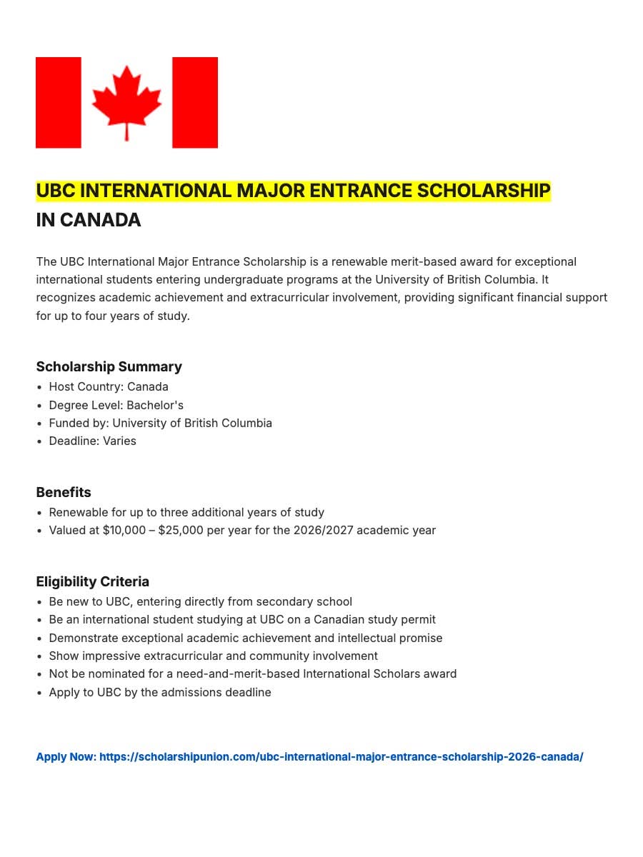 UBC International Major Entrance Scholarship 2026 in Canada