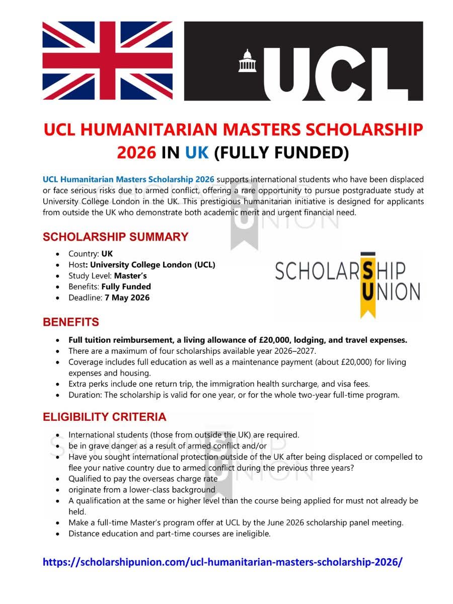 UCL Humanitarian Masters Scholarship 2026 in UK