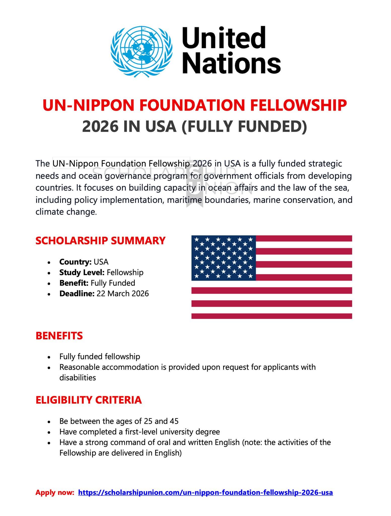 UN-Nippon Foundation Fellowship 2026 in USA