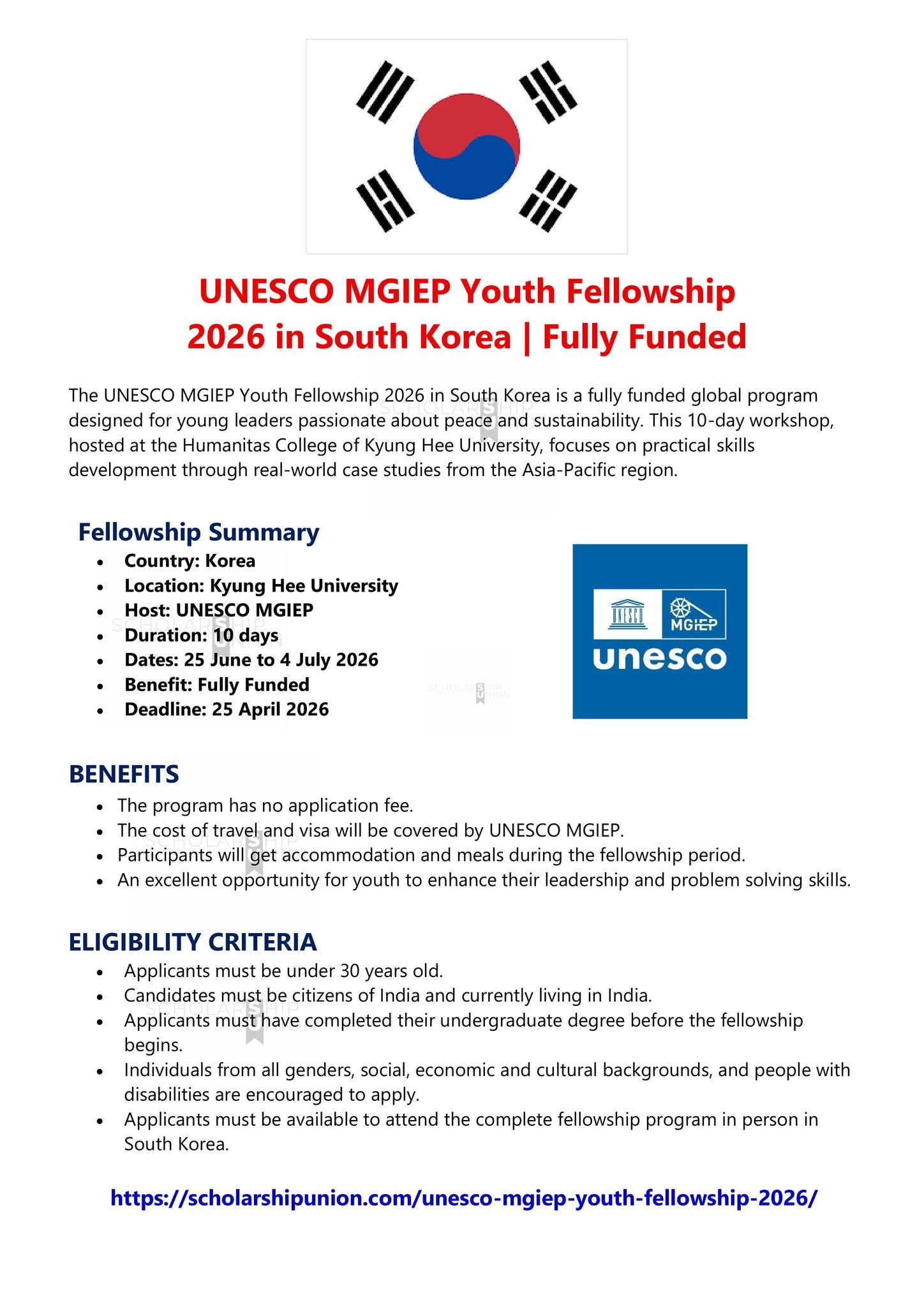 UNESCO MGIEP Youth Fellowship 2026 in South Korea