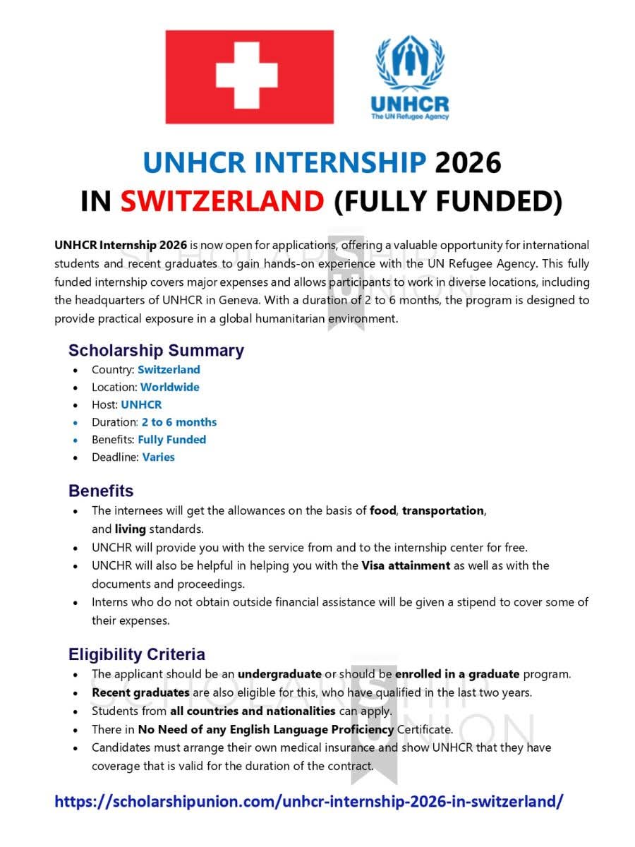 UNHCR Internship 2026 in Switzerland