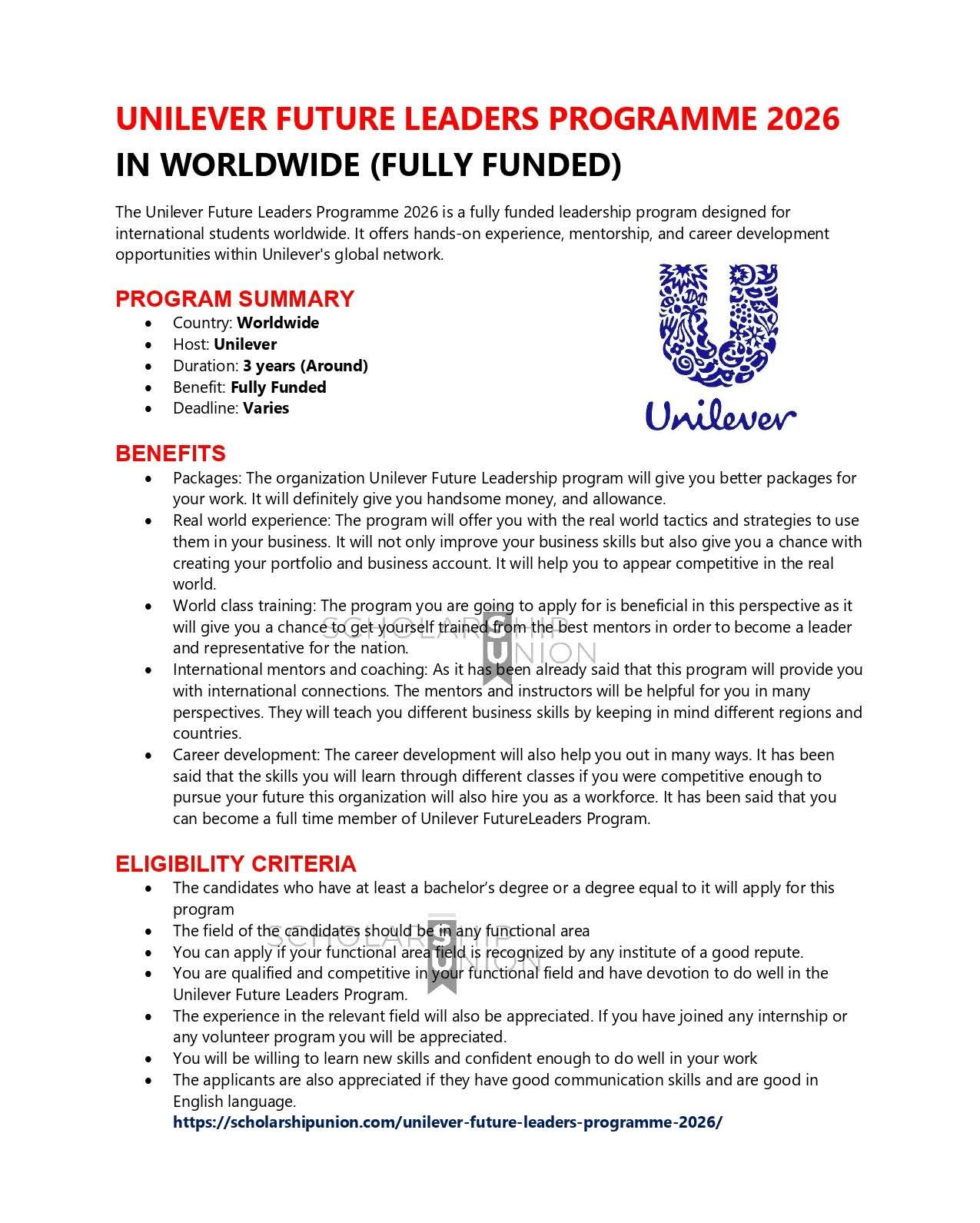 Unilever Future Leaders Programme 2026 in Worldwide