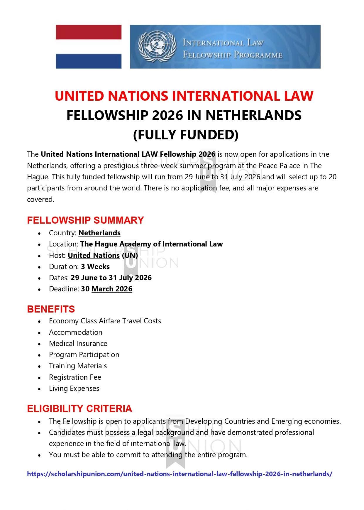 United Nations International Law Fellowship 2026 In Netherlands