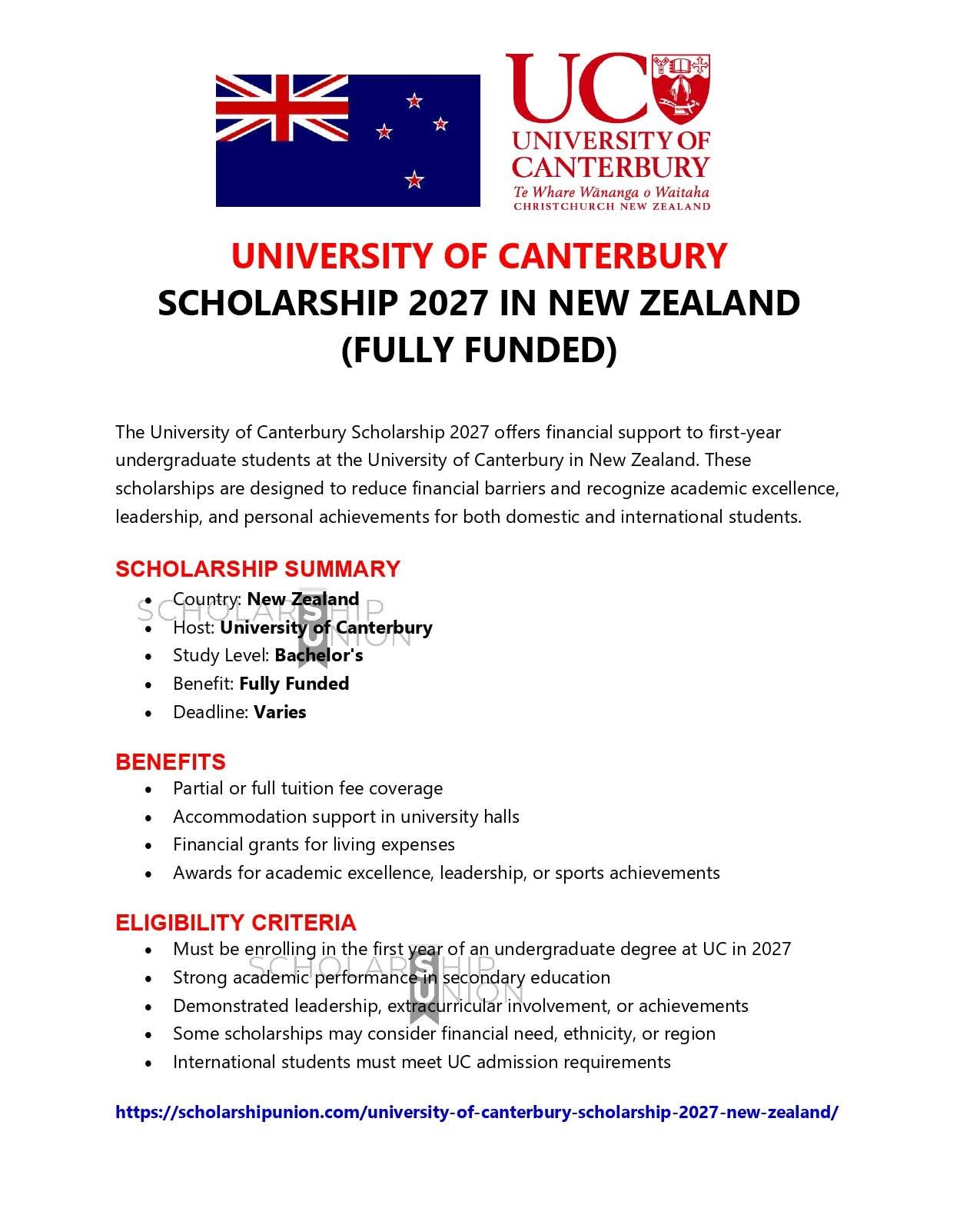 University of Canterbury Scholarships 2027 in New Zealand