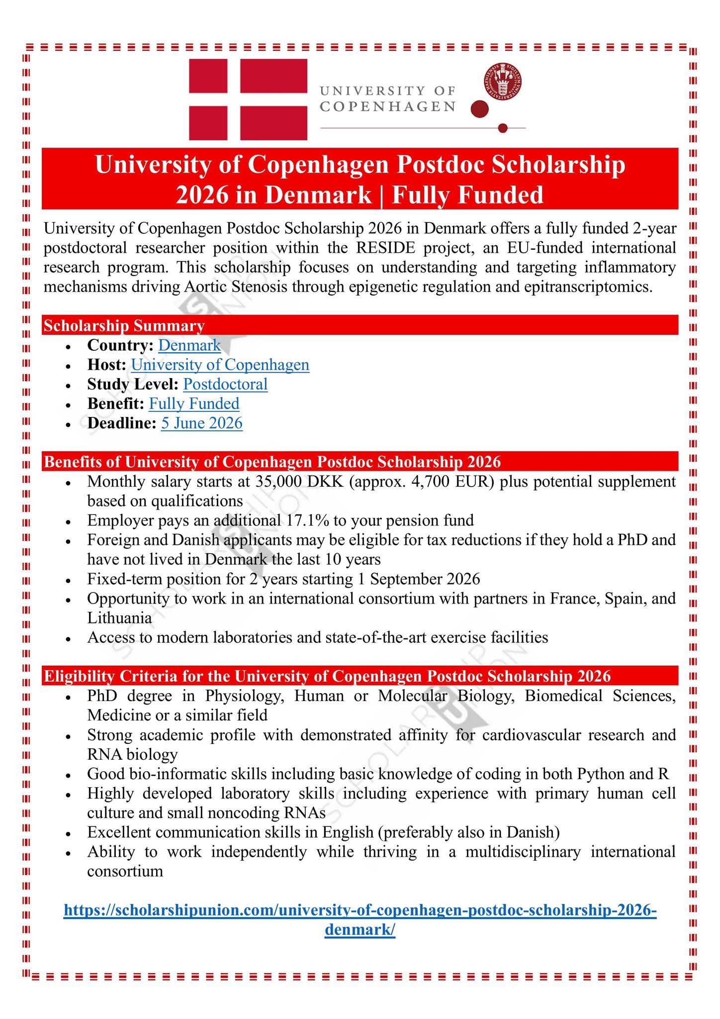 University of Copenhagen Postdoc Scholarship 2026 in Denmark
