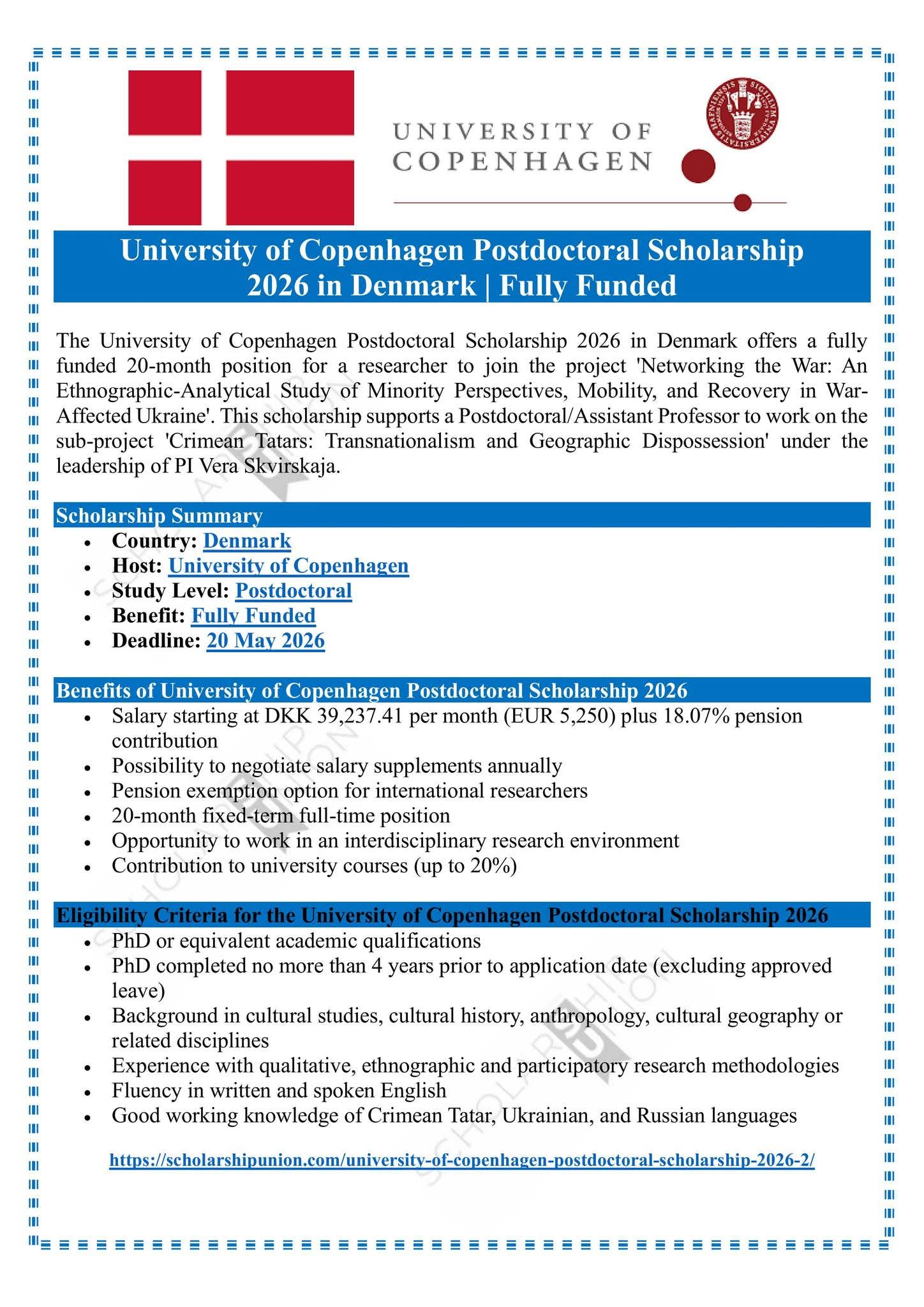 University of Copenhagen Postdoctoral Scholarship 2026 in Denmark