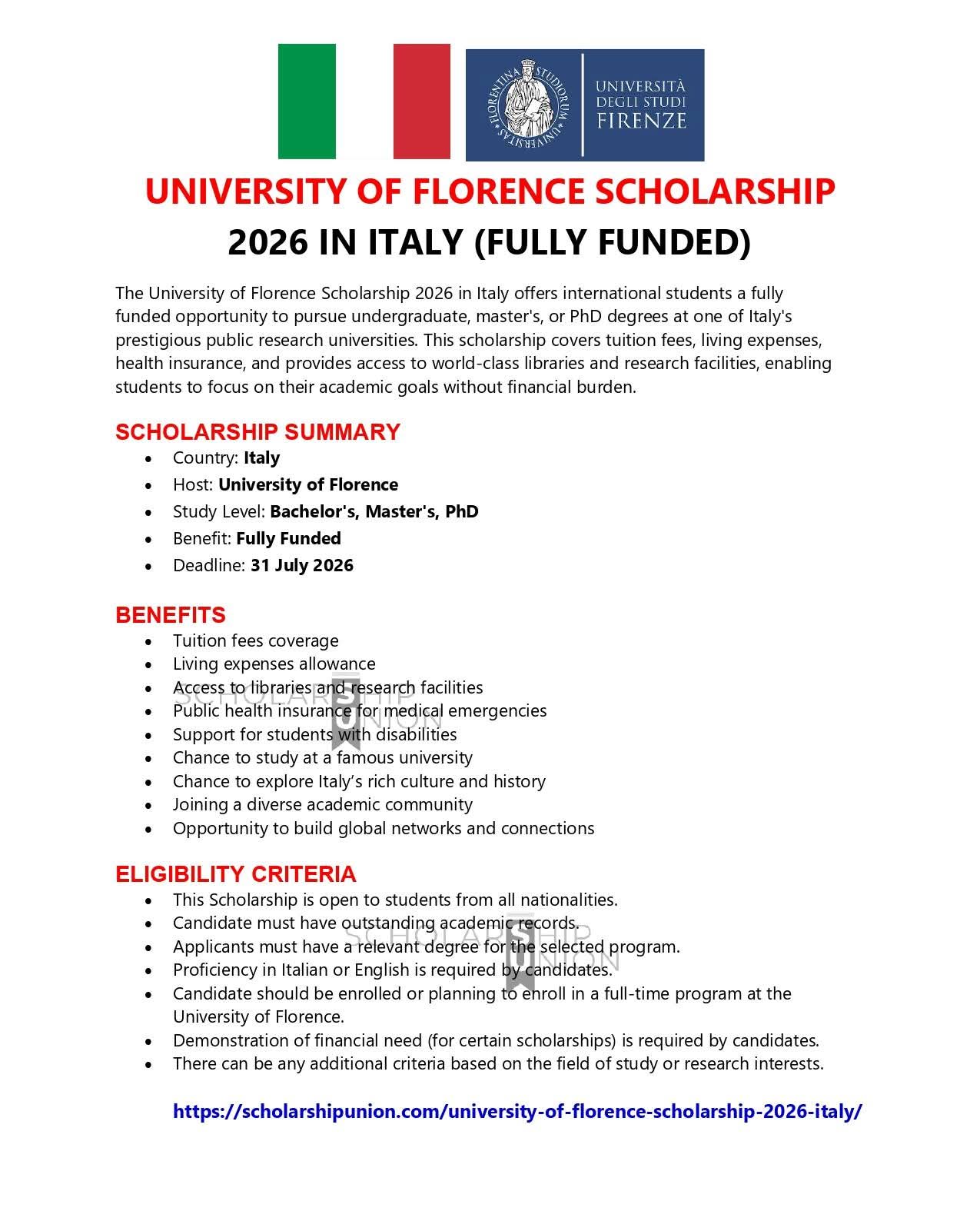 University of Florence Scholarship 2026 in Italy