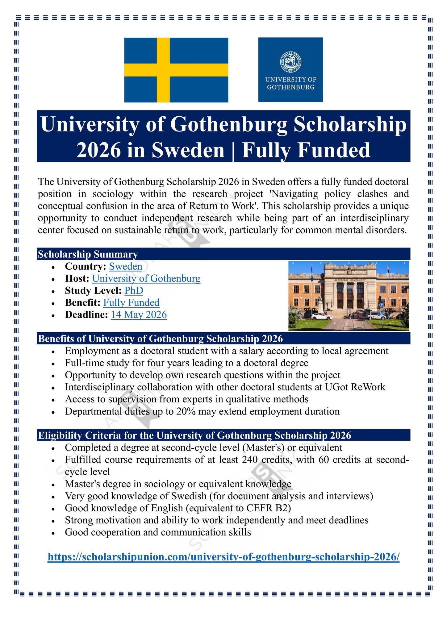 University of Gothenburg Scholarship 2026 in Sweden