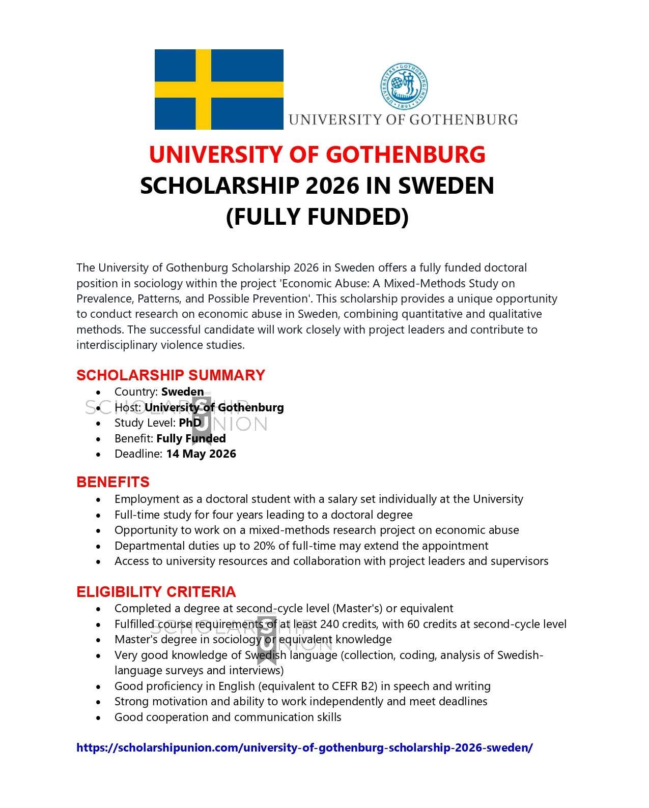 University of Gothenburg Scholarship 2026 in Sweden