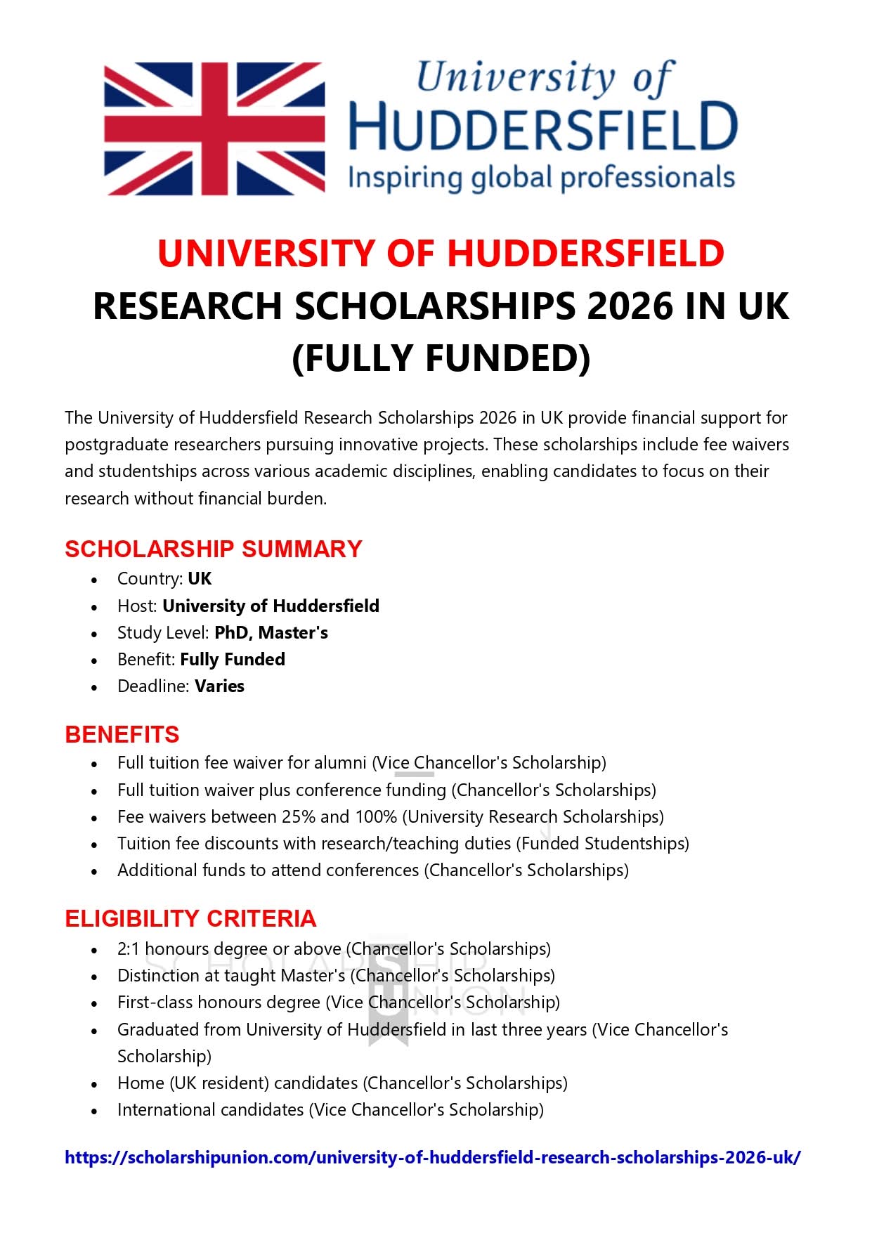 University of Huddersfield Research Scholarships 2026 in UK