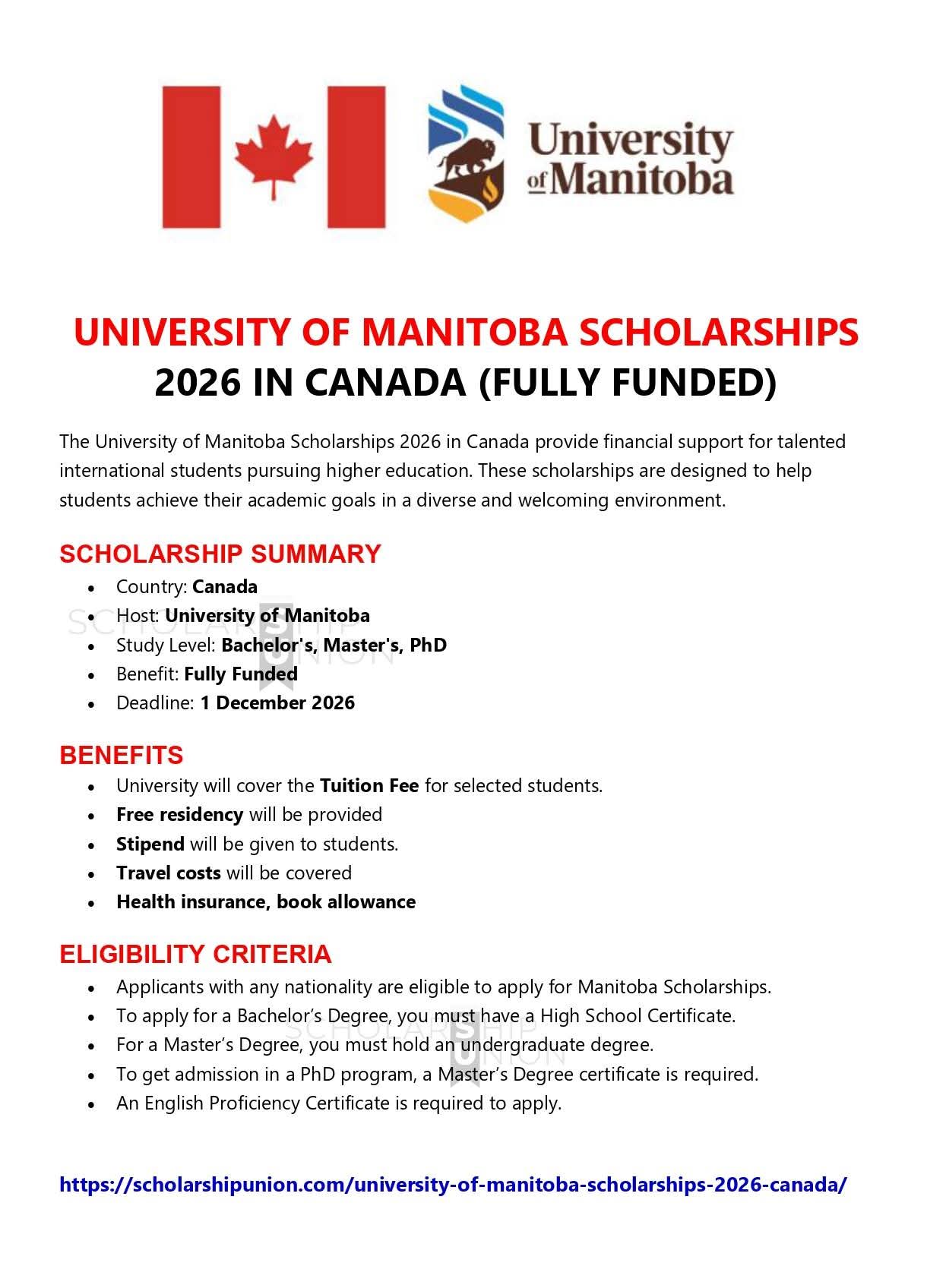University of Manitoba Scholarships 2026 in Canada