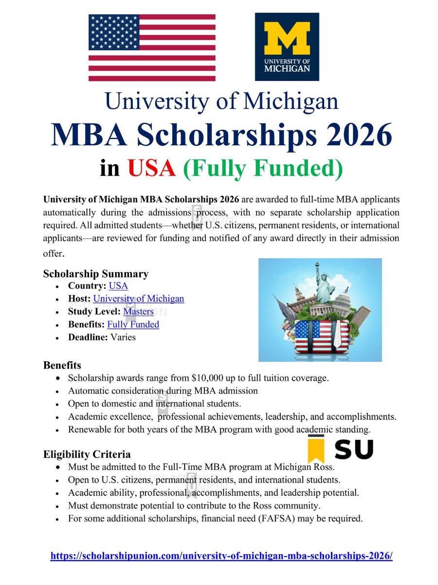 University of Michigan MBA Scholarships 2026 in USA in
