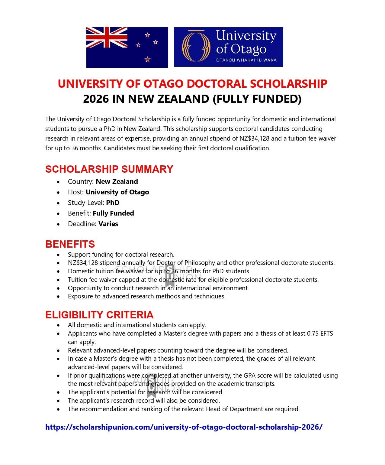 University of Otago Doctoral Scholarship 2026 ain New Zealand