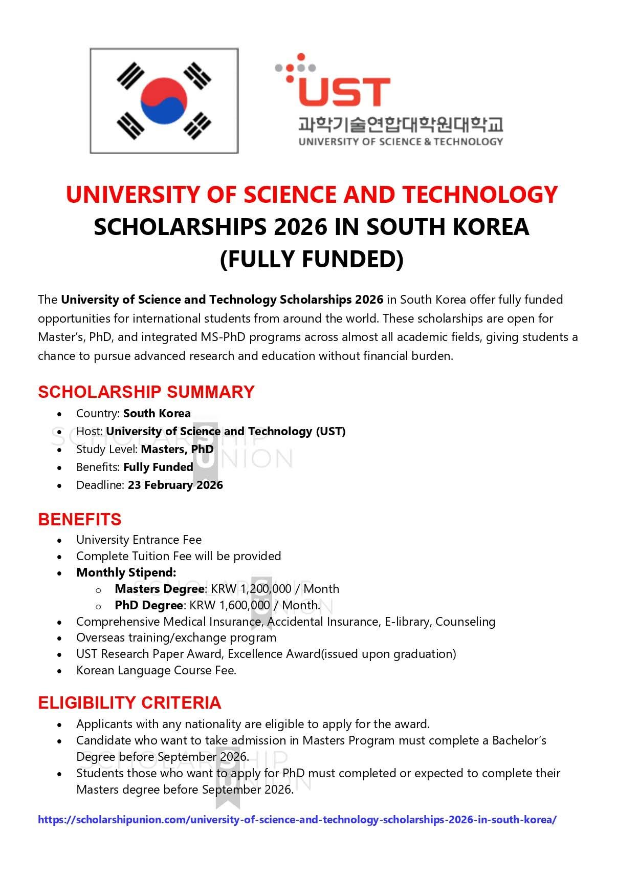 University of Science and Technology Scholarships 2026 in South Korea