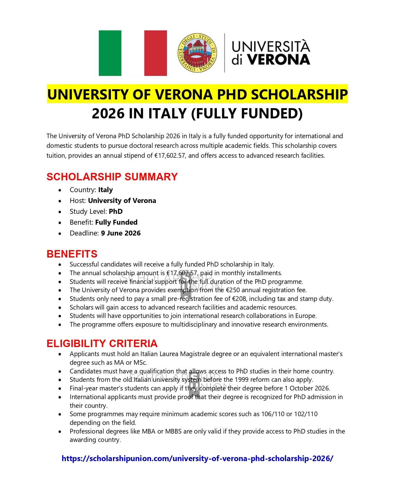 University of Verona PhD Scholarship 2026 in Italy