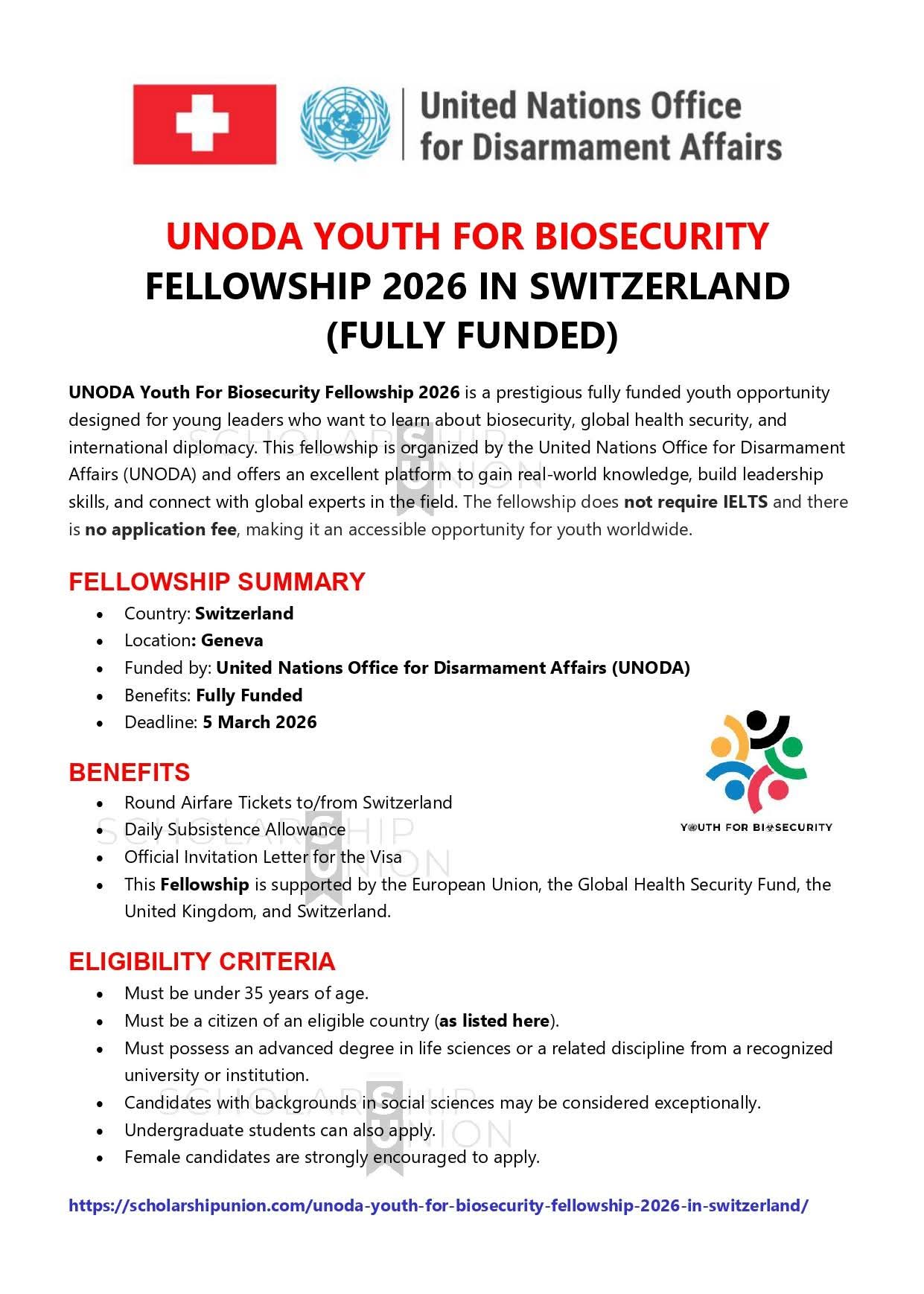 UNODA Youth for Biosecurity Fellowship 2026 In Switzerland