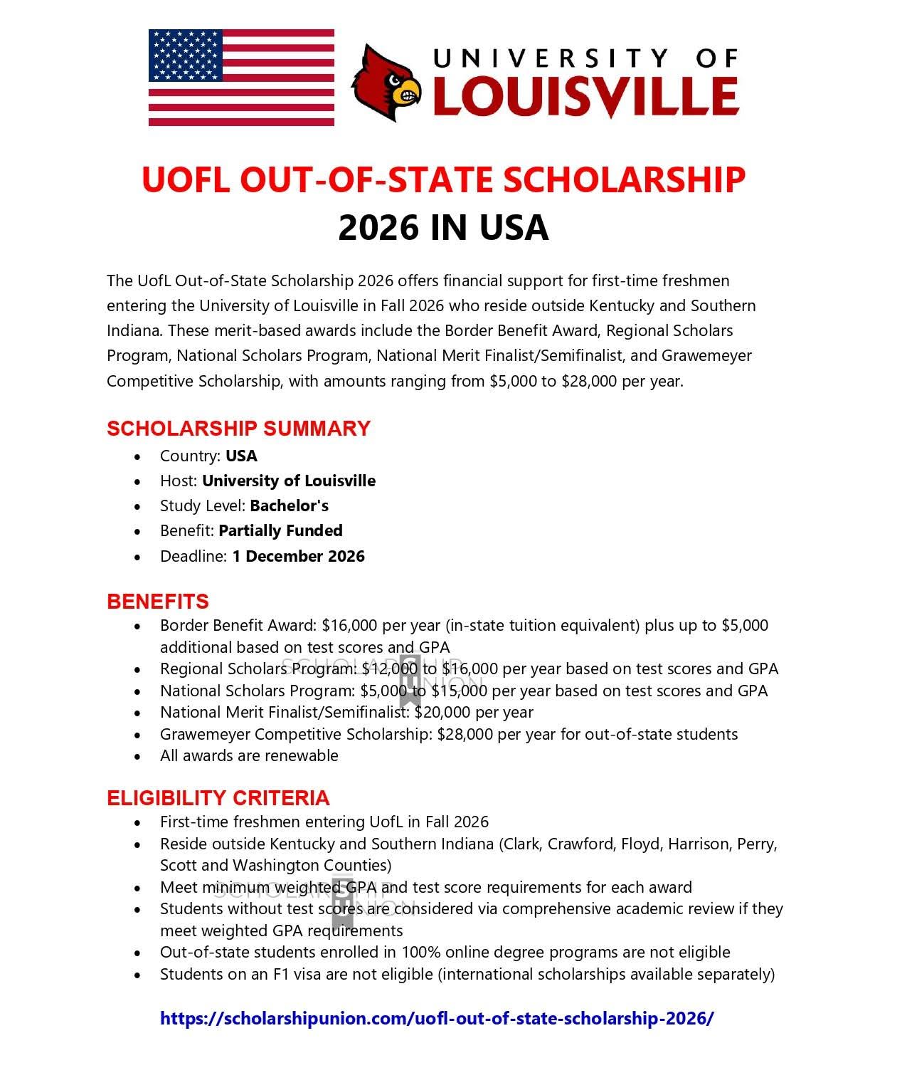 UOFL Out Of State Scholarship 2026 in USA
