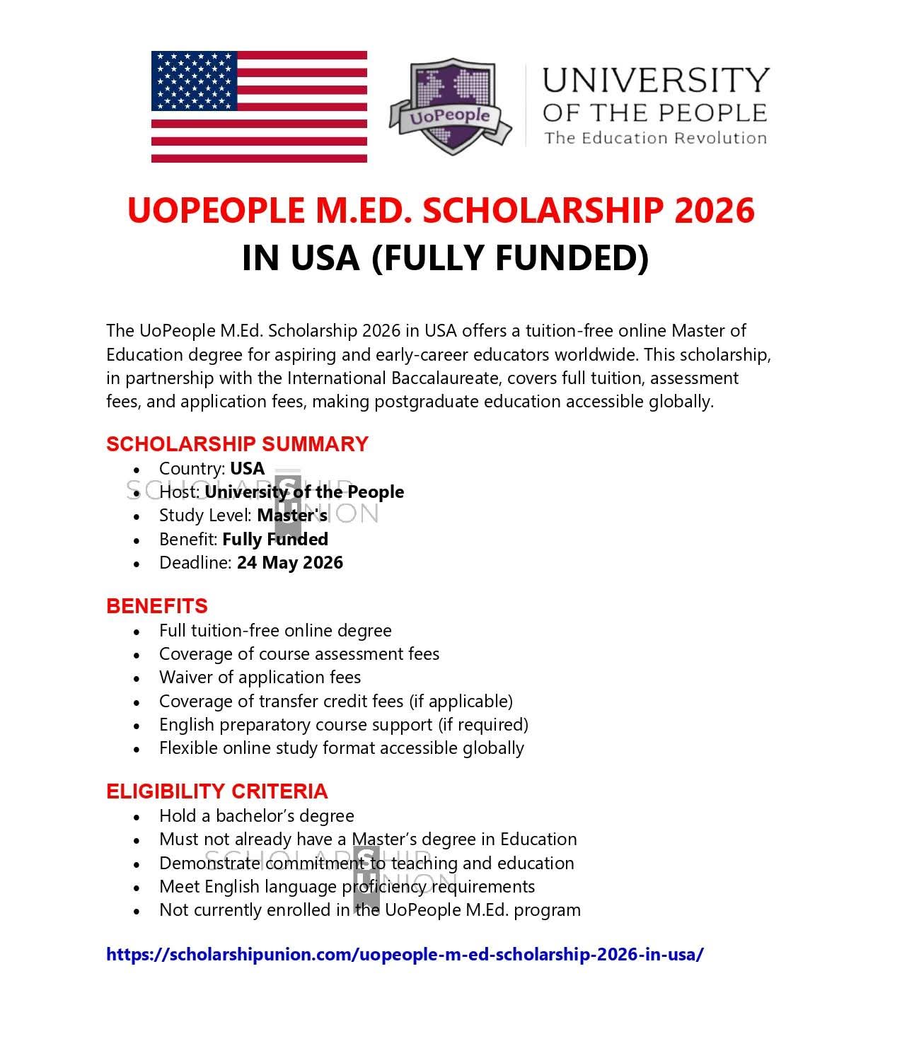 UOPEOPLE M.Ed. Scholarship 2026 in USA