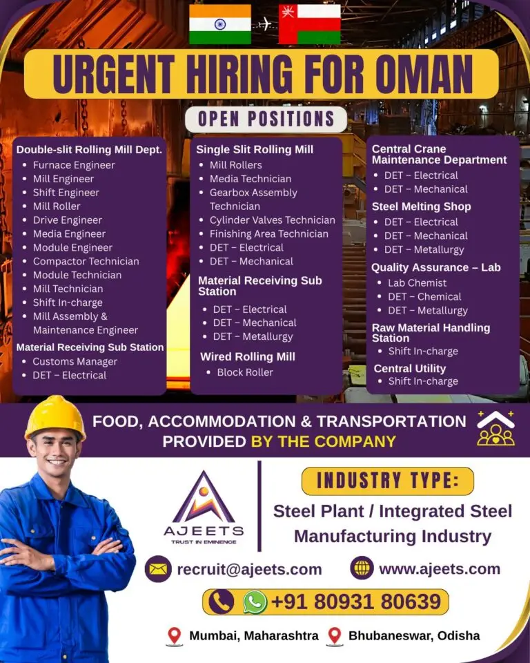 Urgent Hiring for Integrated Steel Manufacturing Industry - Oman